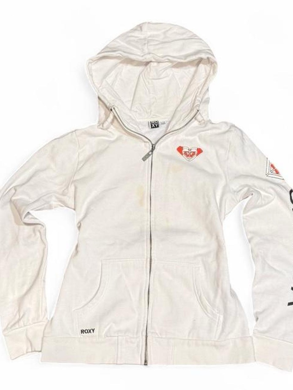 Y2K Roxy Canada Heart Graphic White Slim Zip Up Hoodie